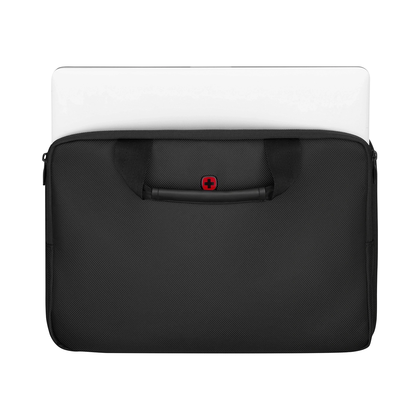 Black laptop bag with red cross and white laptop on black background.