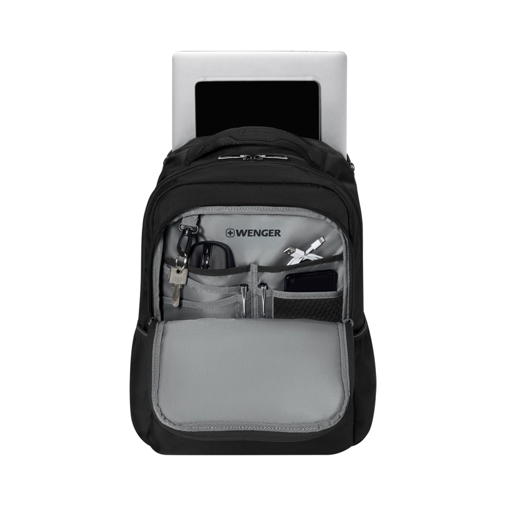 Black backpack with laptop, keys, and accessories, Wenger brand.