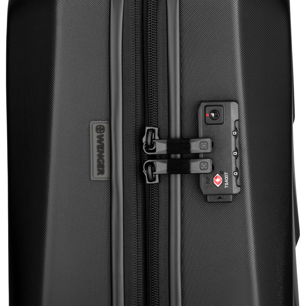 Black suitcase with lock and zipper, TSA certification, Wenger brand