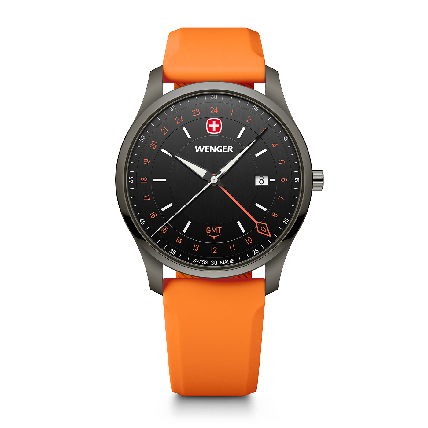 Wenger men's watch with black dial and orange strap