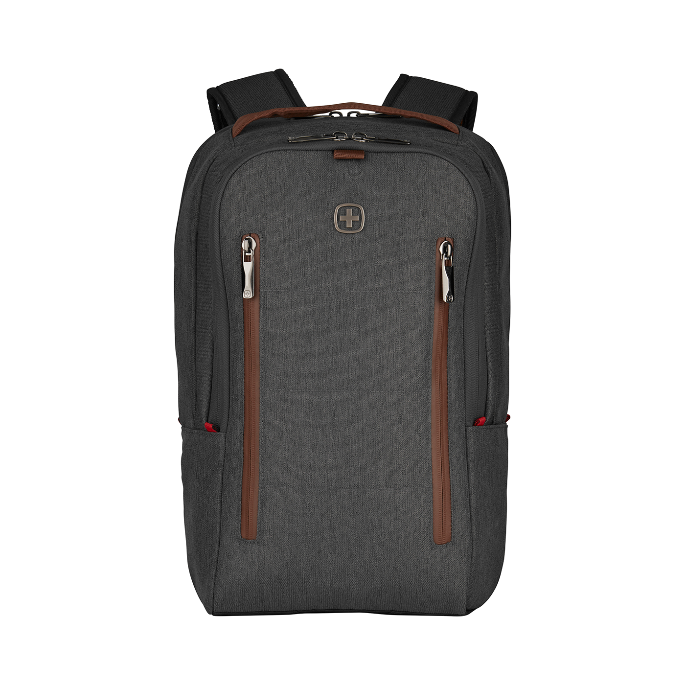Dark gray backpack with brown zippers and logo on a black background.