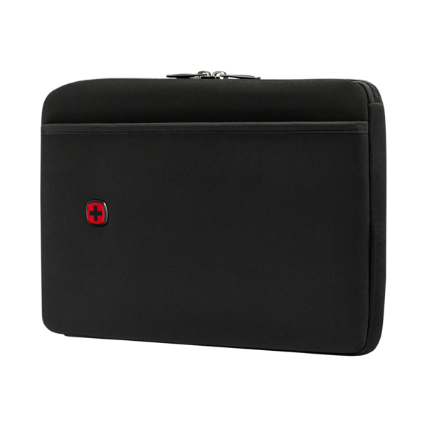 Black laptop sleeve with zipper and red logo, Wenger brand, for computer protection.