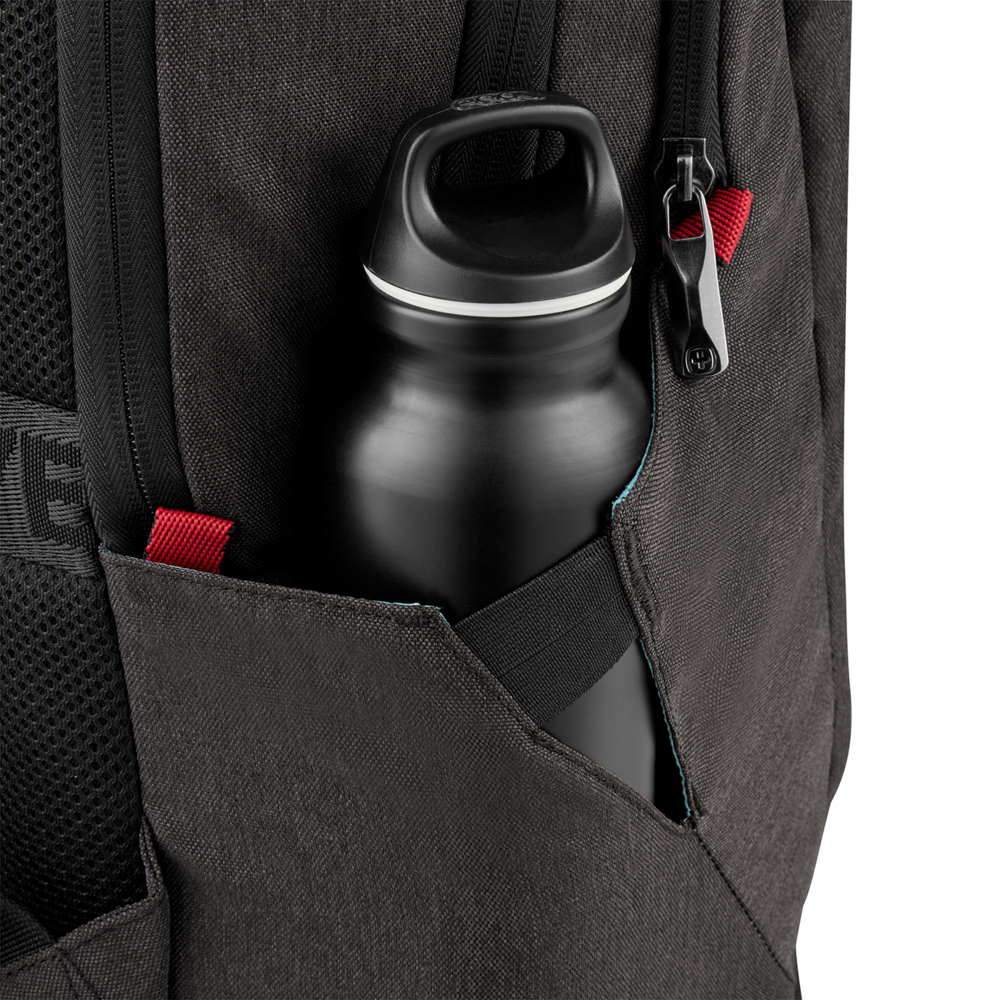Close-up of a black backpack with a water bottle in the side pocket