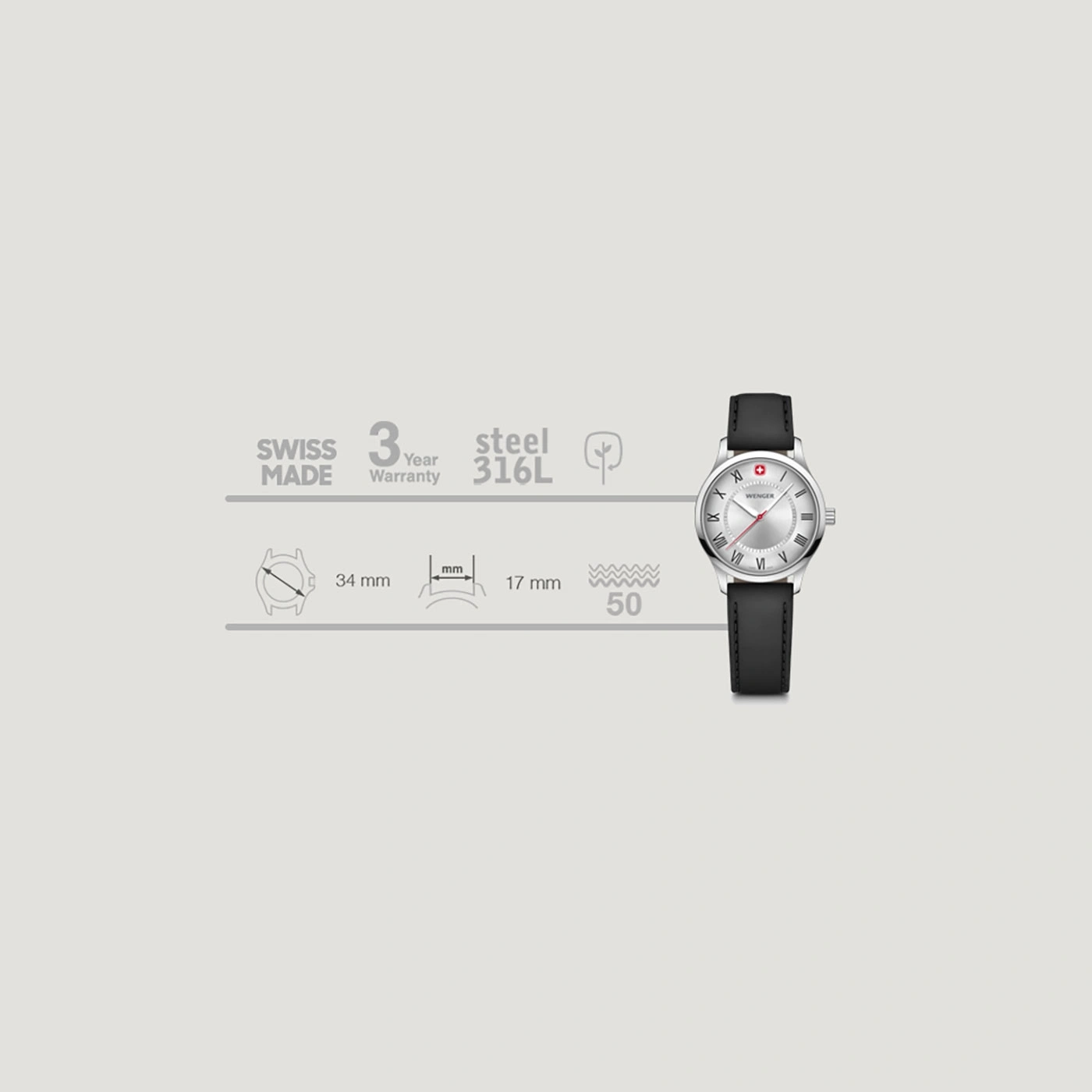 Swiss watch with black leather strap, 3-year warranty, steel 316L, 34 mm diameter