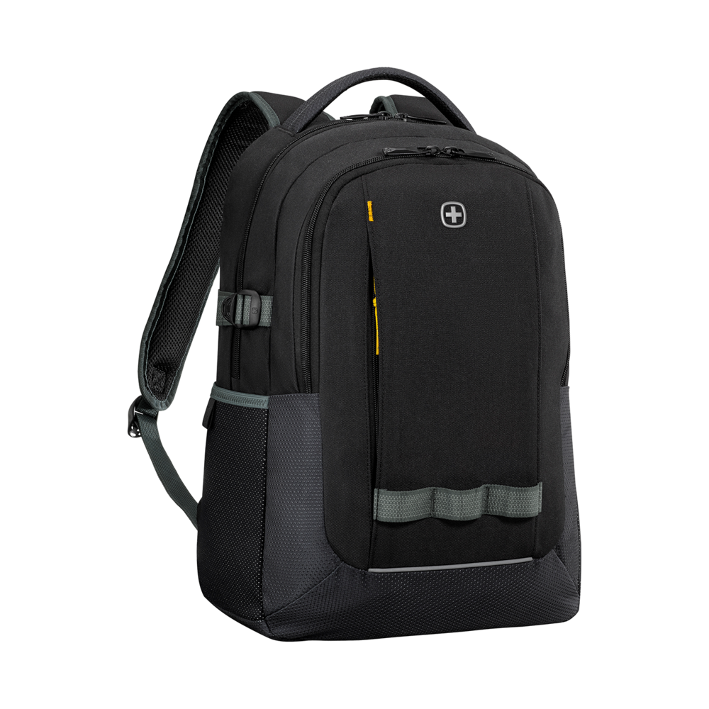 Black backpack with yellow accents and logo on a black background, side view.