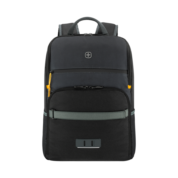 Black backpack with gray accents and logo on a black background, modern design.