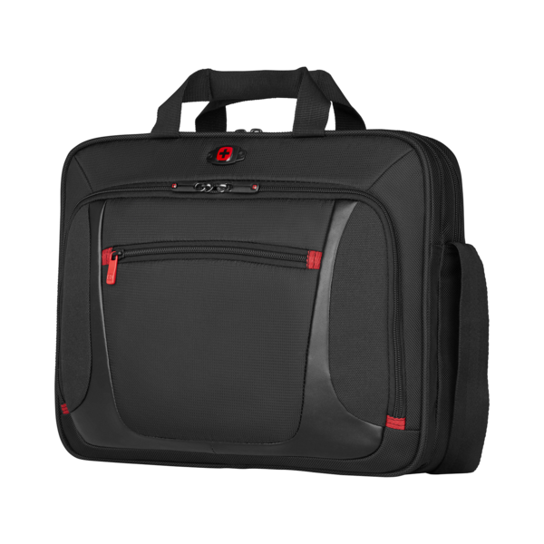 Black briefcase with red zipper and handle, Swissgear logo, business bag, office accessory