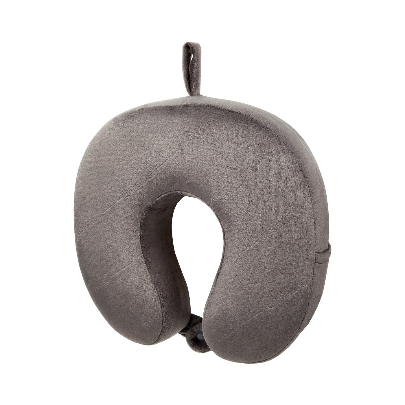 Gray neck pillow floating on black background with a loop for hanging.