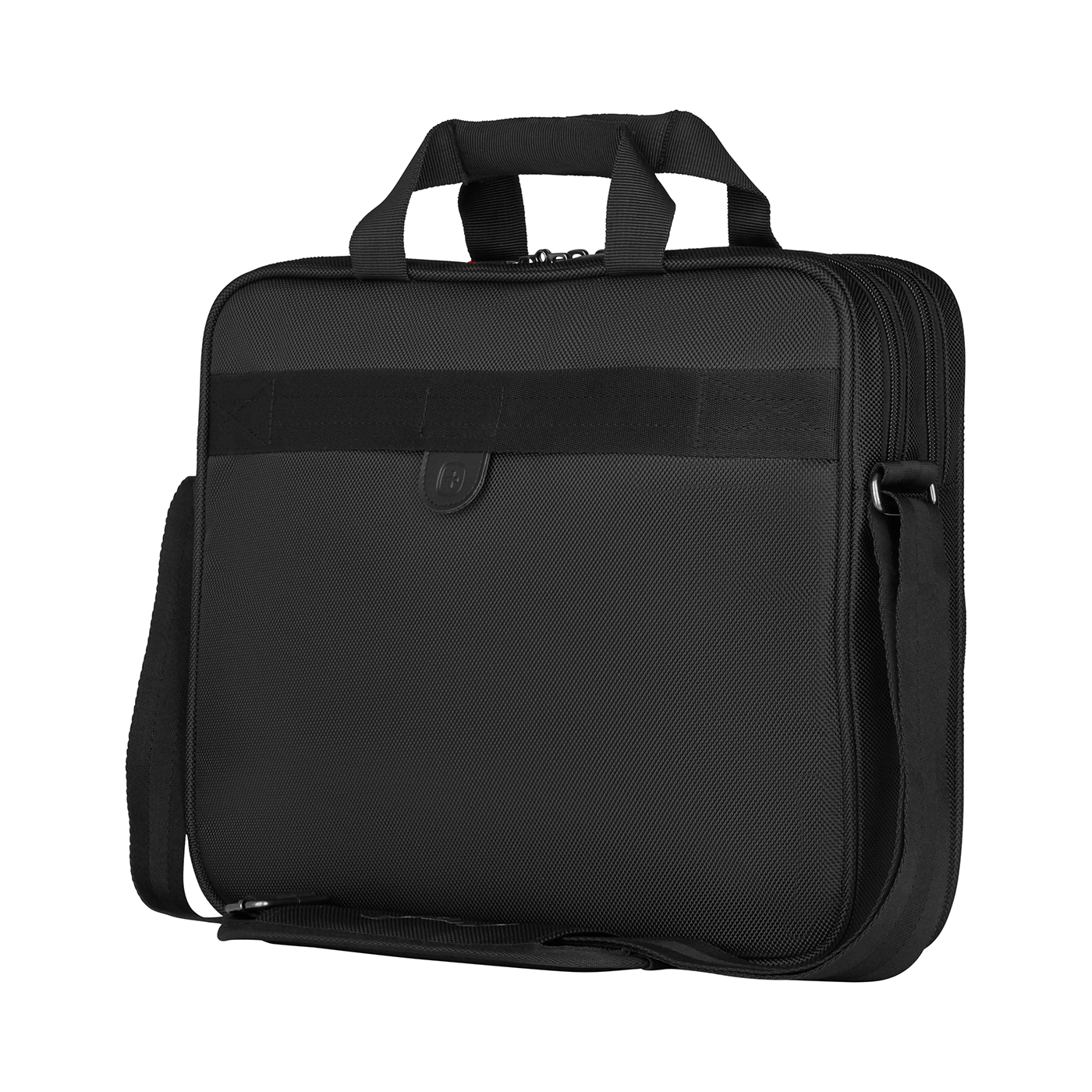 Black briefcase with handle and shoulder strap isolated on black background