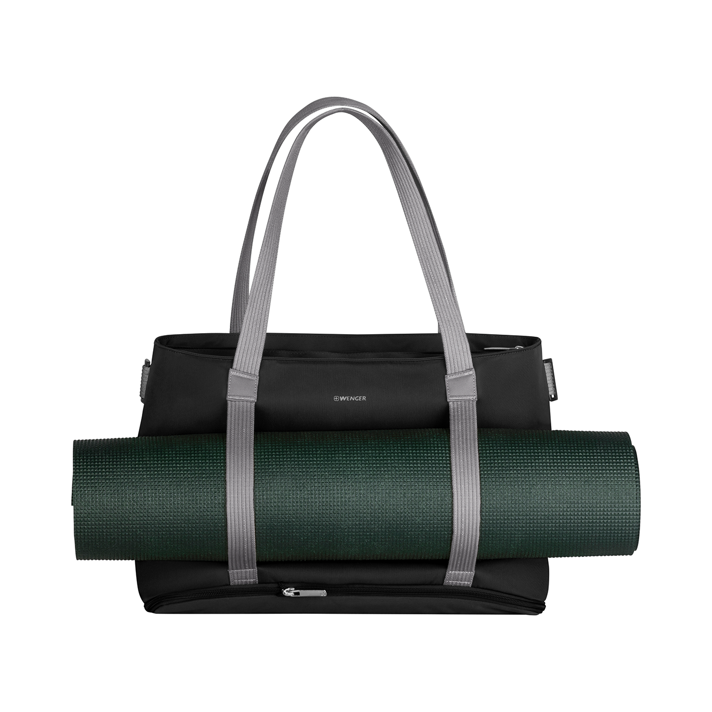 Black bag with yoga mat and gray straps isolated on a black background.