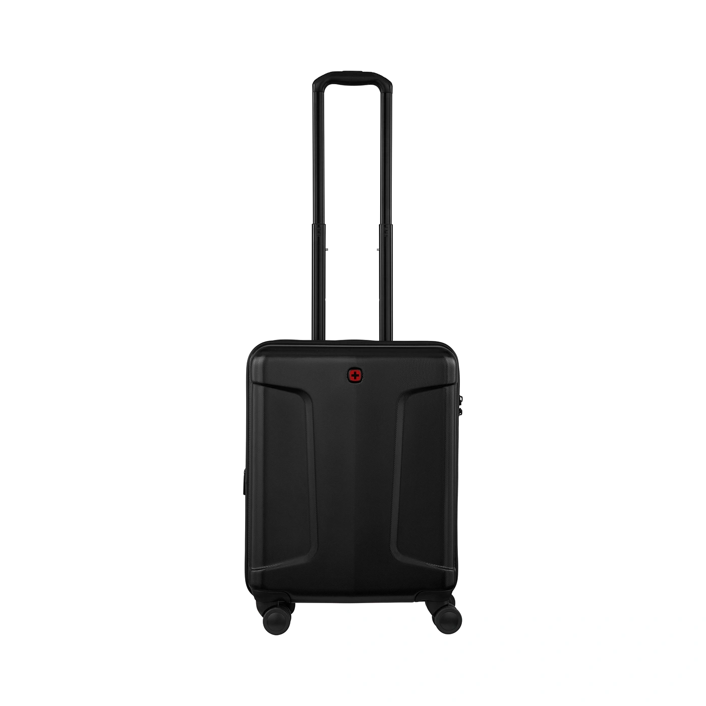 Black suitcase with retractable handle and wheels isolated on white background