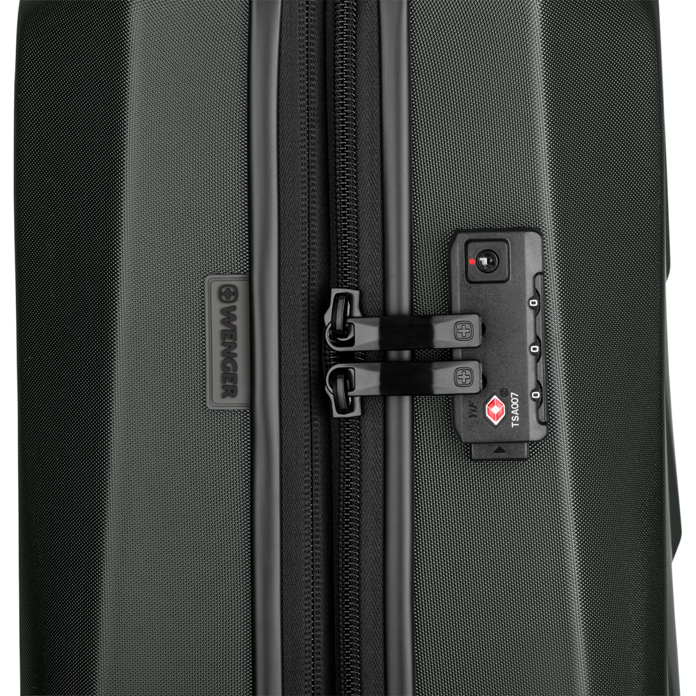 Black suitcase with zipper, lock, and Wenger logo, close-up shot.
