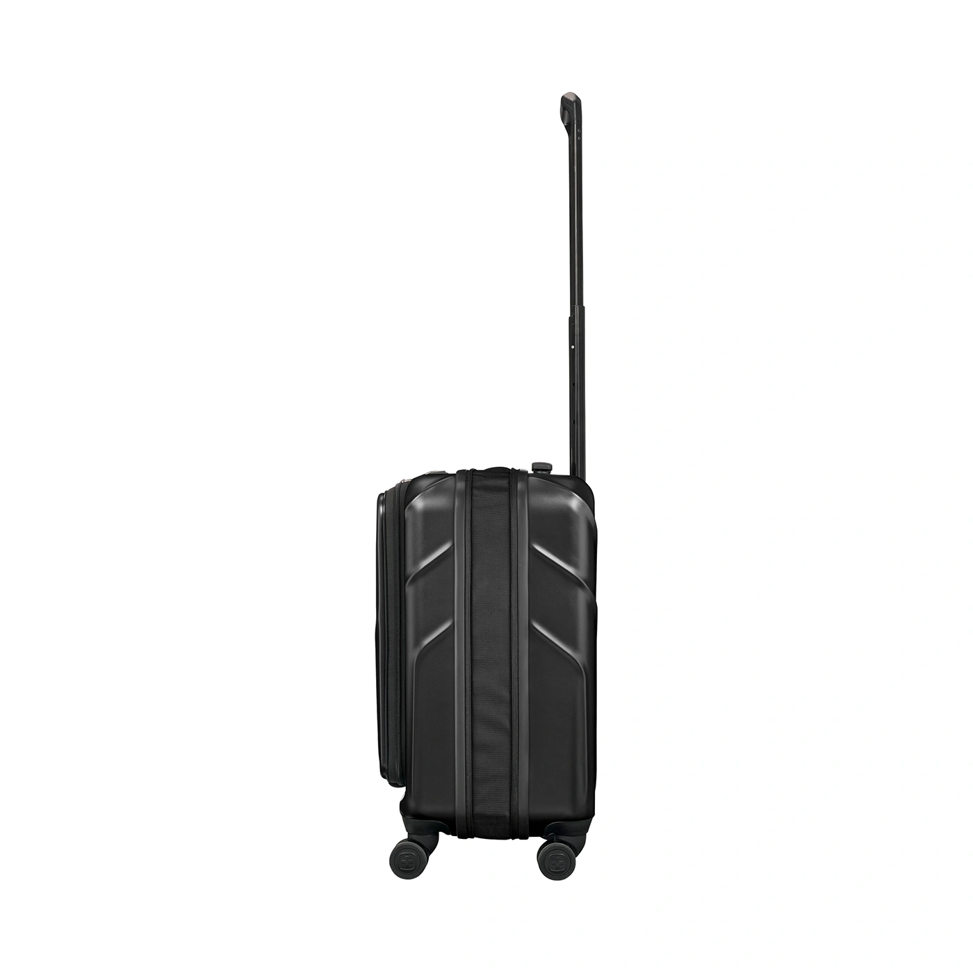 Black suitcase with retractable handle and wheels, isolated on white background