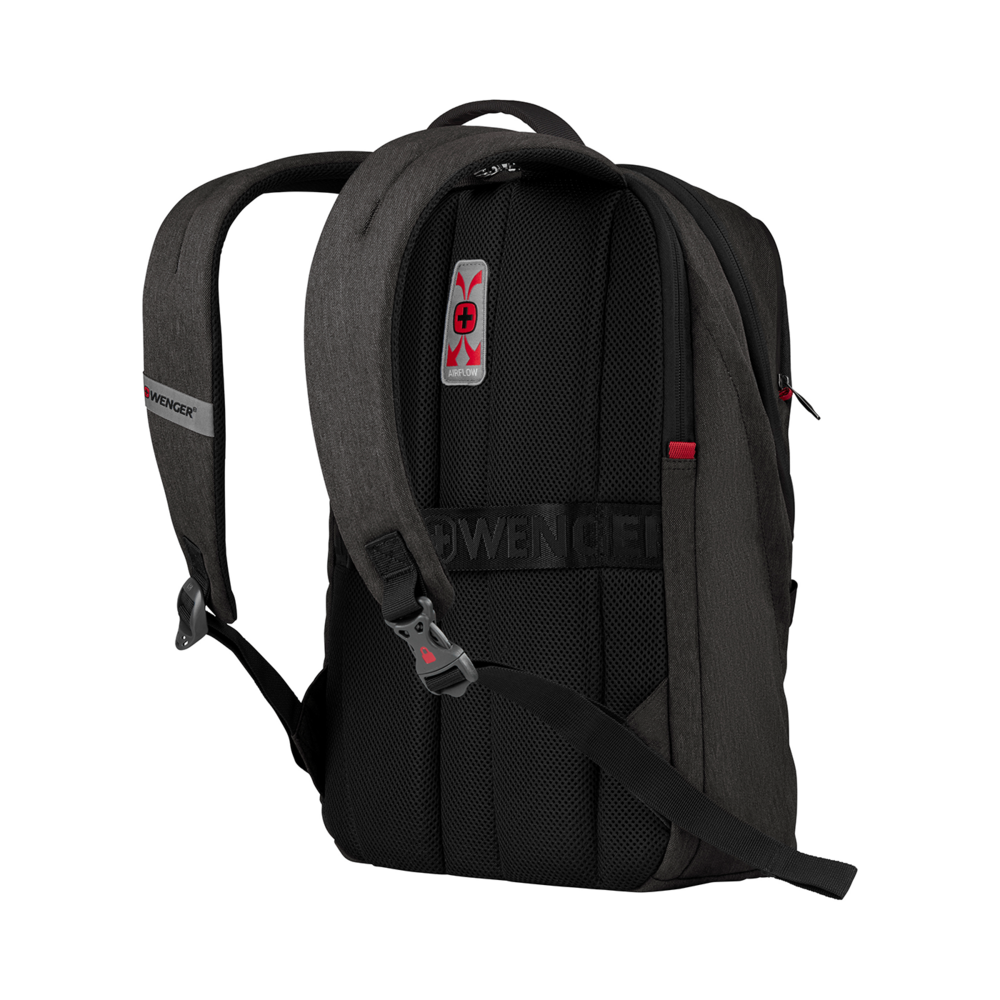 Black backpack with red accents and airflow system, by Wenger brand