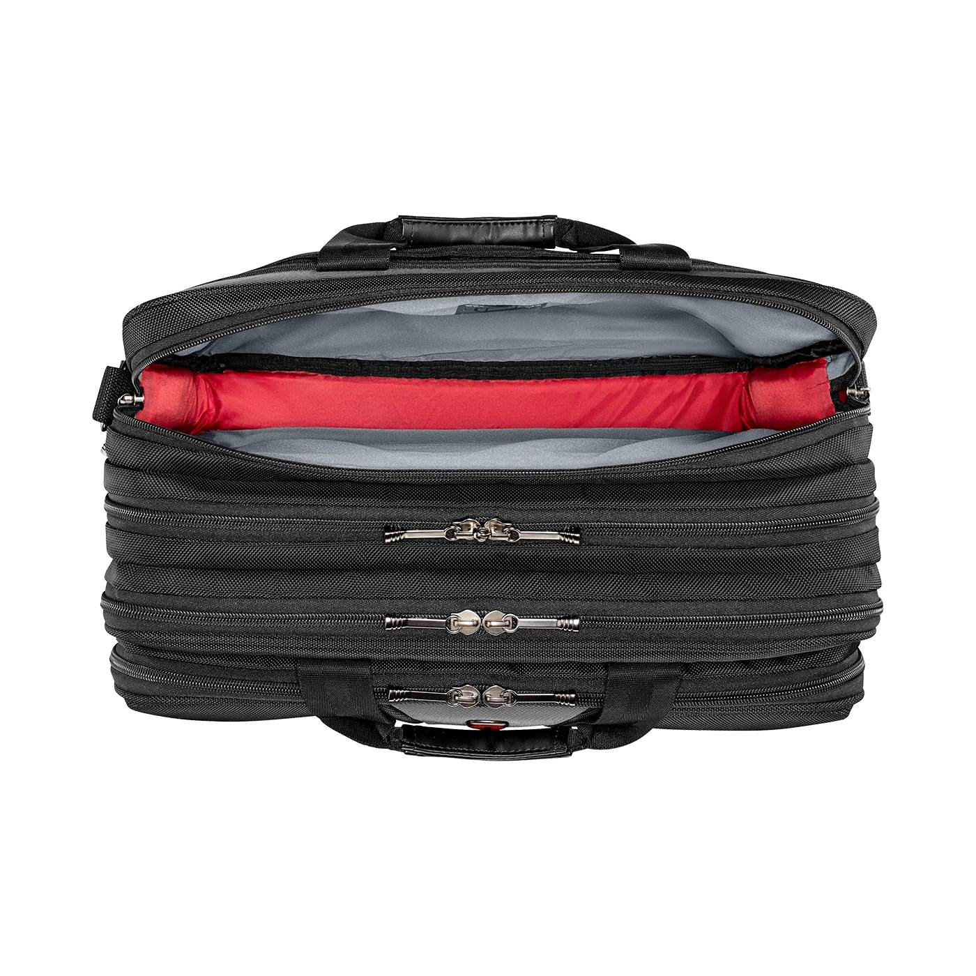 Black briefcase with multiple zippers and red lining, open, top view.