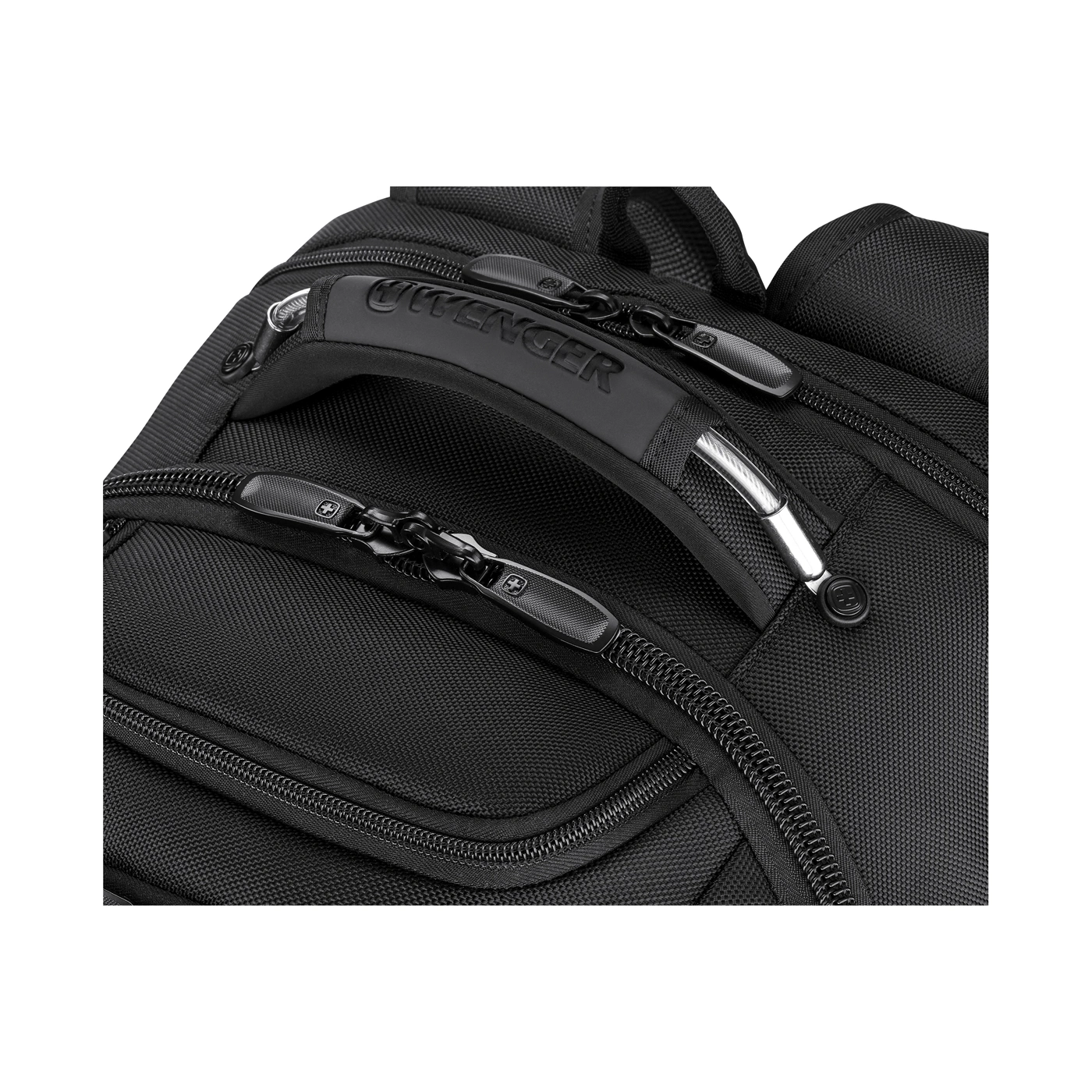 Close-up of a black backpack showing zippers and handle.