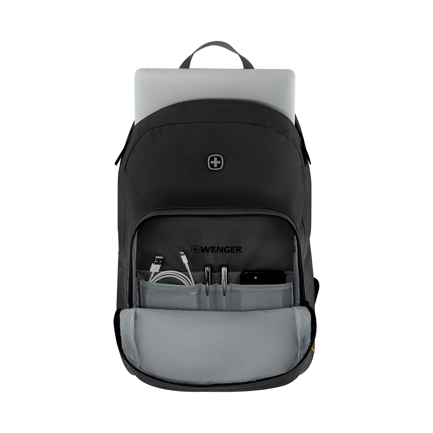 Black backpack with laptop and accessories, Wenger logo visible.