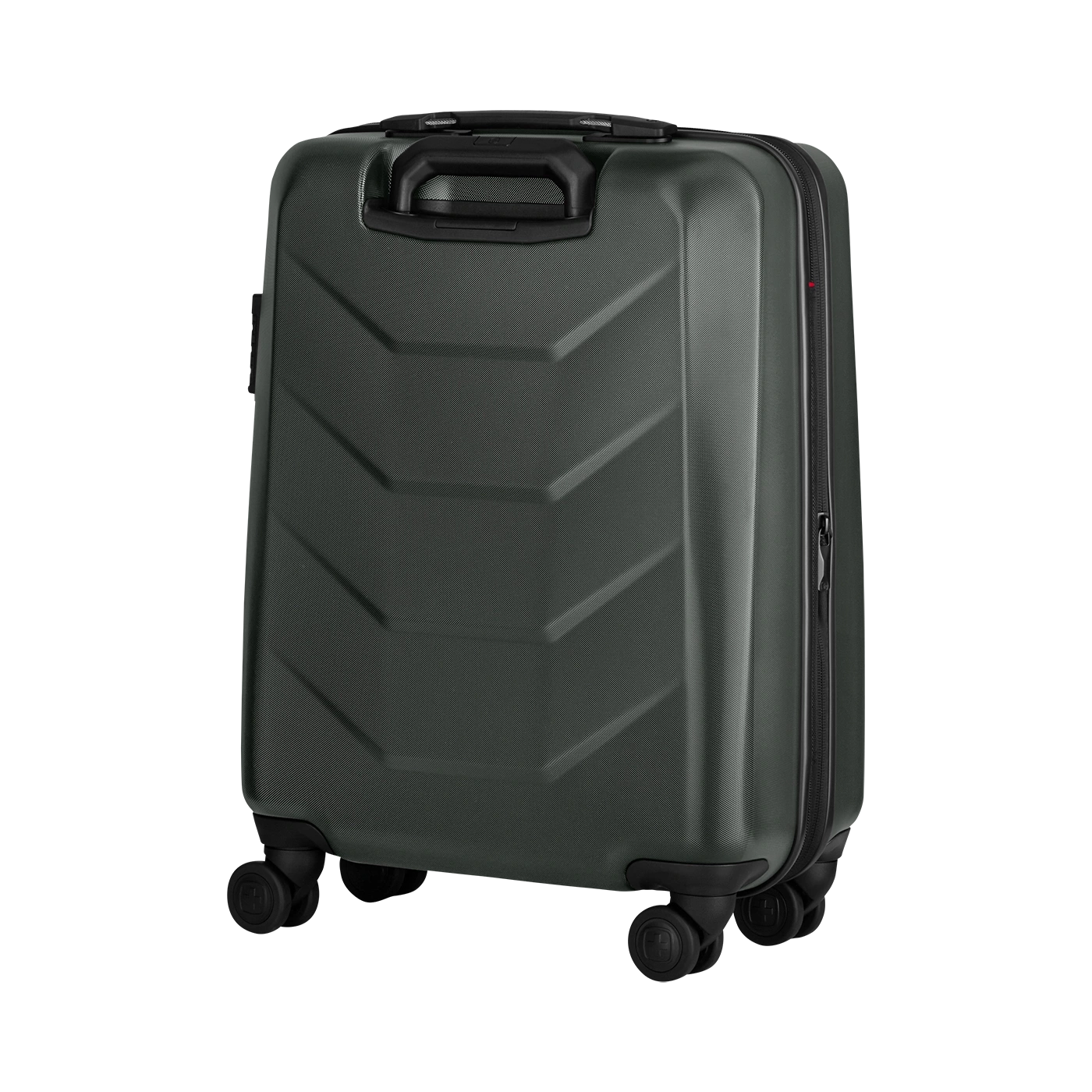 Dark green suitcase with wheels and handle, close-up, isolated on white background
