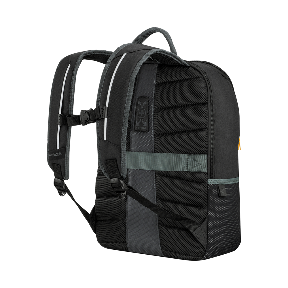 Black backpack with airflow system and reflective stripes, Wenger brand, side view.