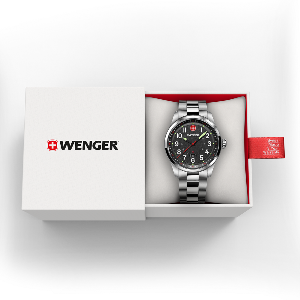 Wenger watch in box, Swiss Made, 3 year warranty, black dial, stainless steel
