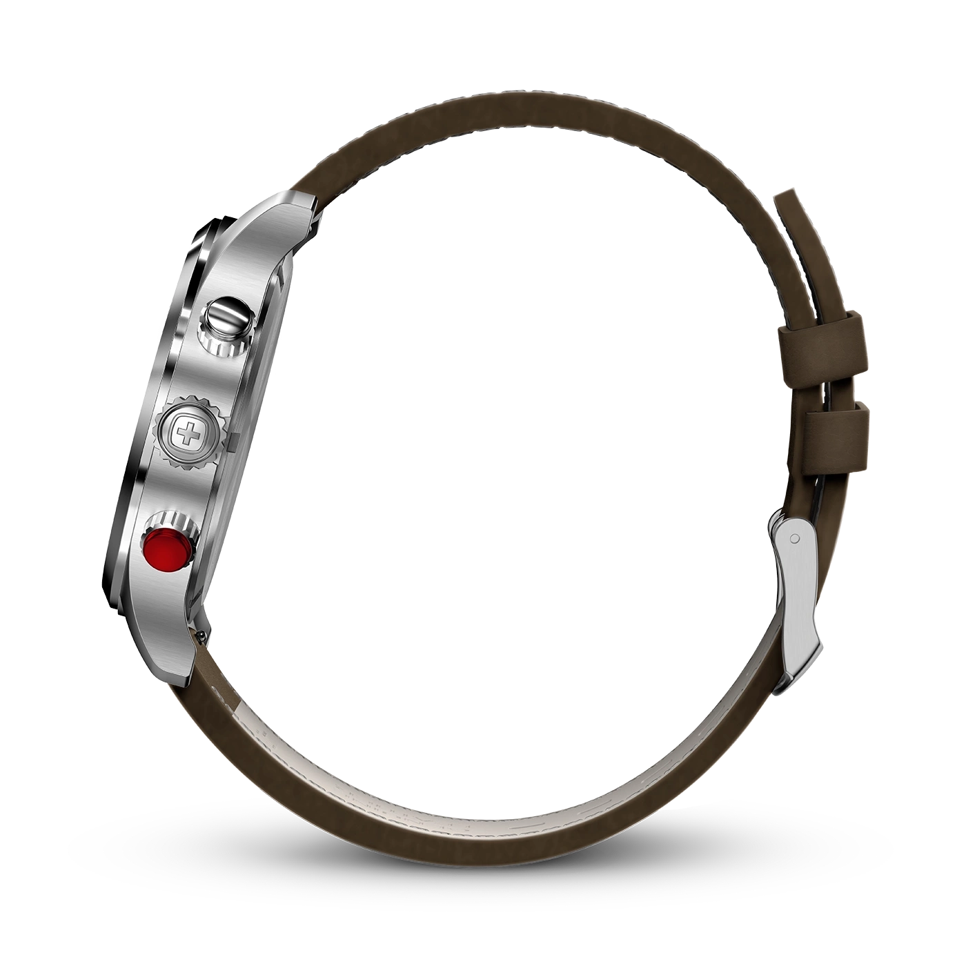 Uhr mit braunem Lederarmband, Seitenansicht, silbernes Gehäuse, roter Knopf