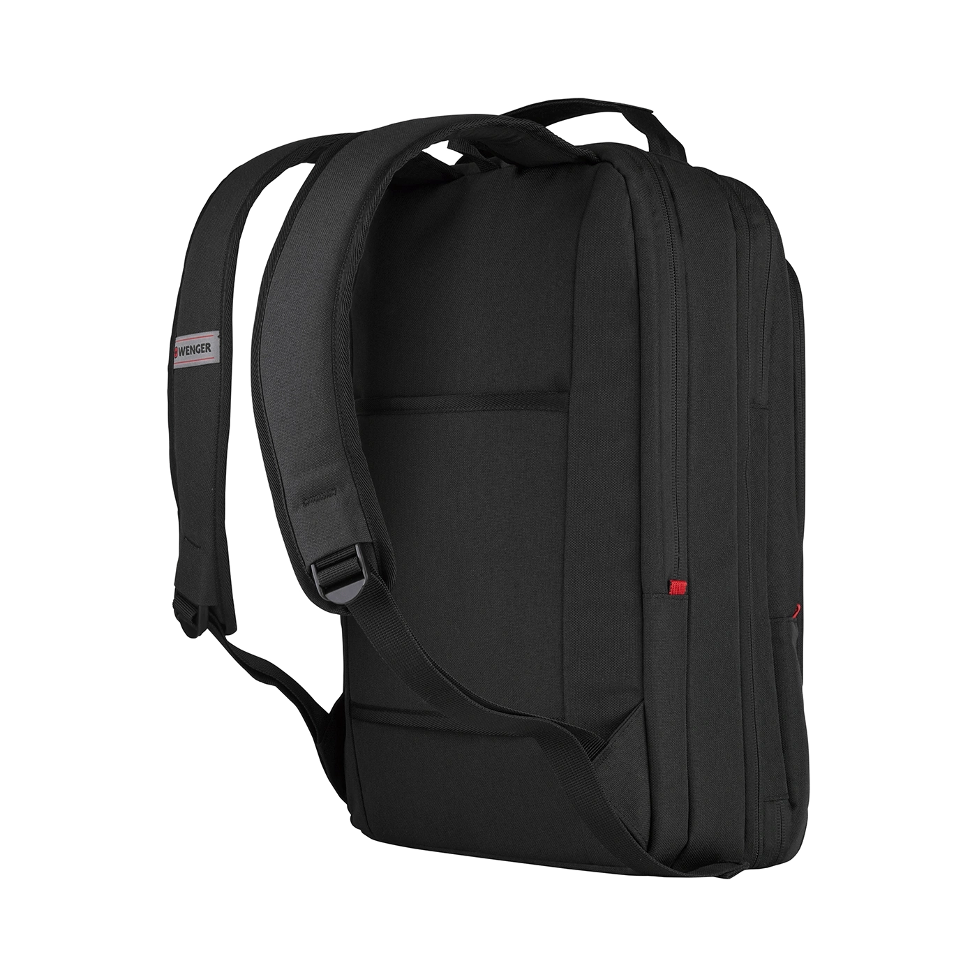 Black Wenger backpack, side view, shoulder straps, zipper, logo, detail shot
