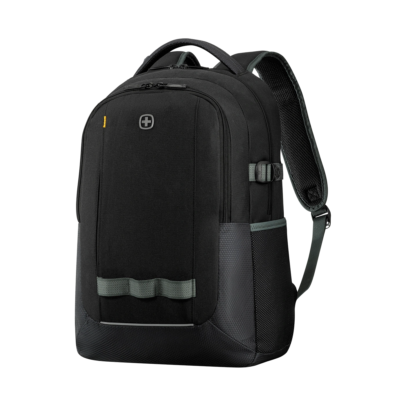 Black backpack with gray detail and logo on a black background