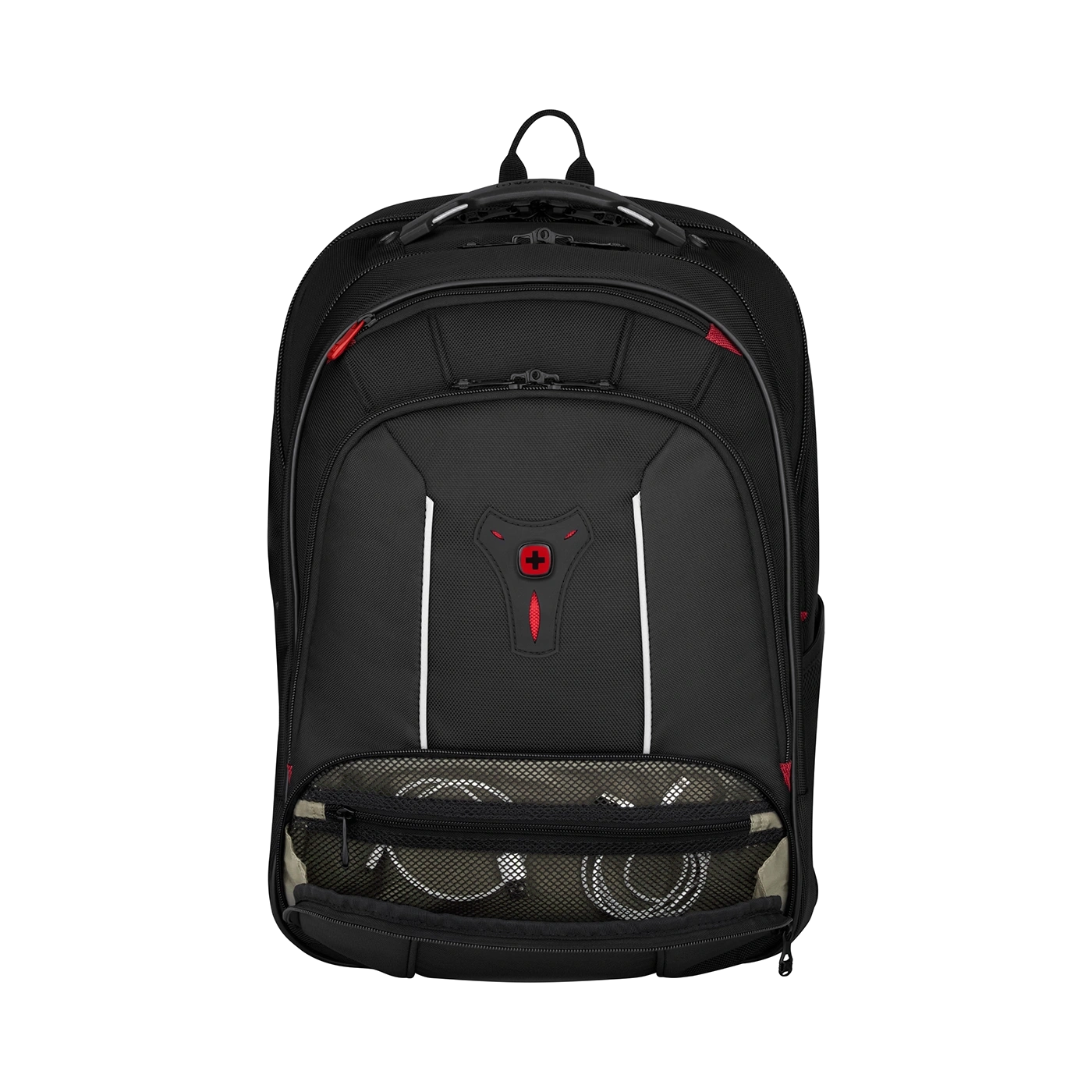 Black backpack with red accents and white stripe on a black background, front view.