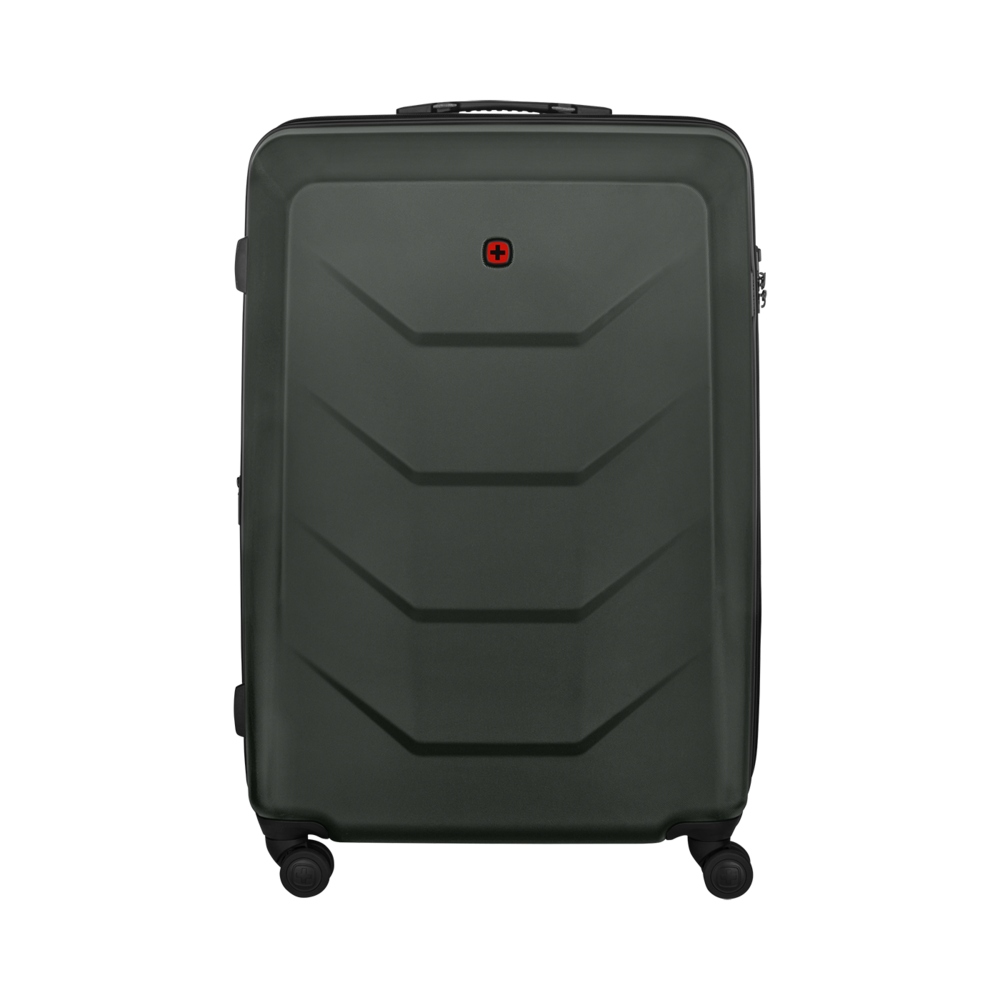 Dark green suitcase with red cross. Luggage for travel and vacation.