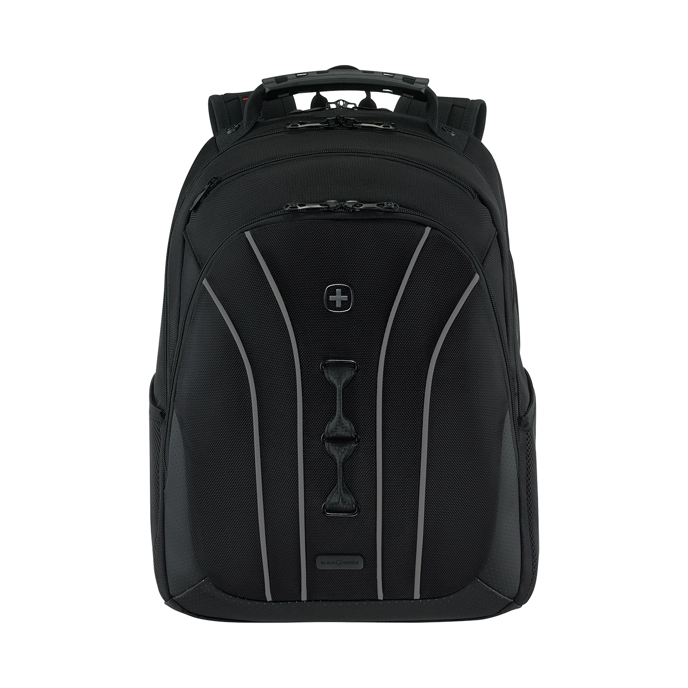 Black backpack with Swiss cross and reflective stripes, perfect for travel.