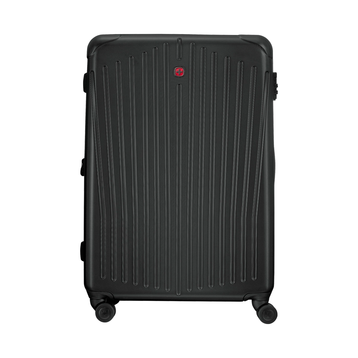 Black suitcase with vertical lines and red logo, travel luggage, hard case