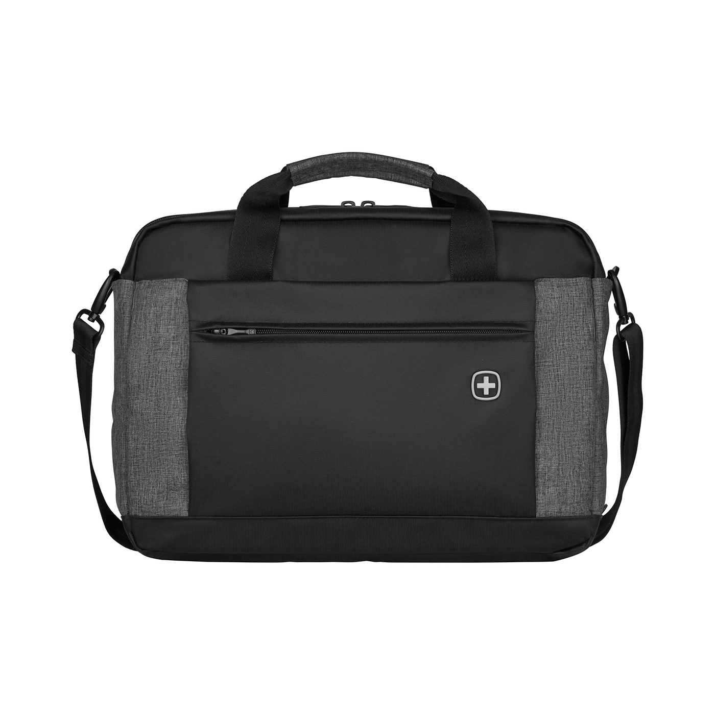 Black briefcase with gray fabric and zipper, Swiss cross logo on the front