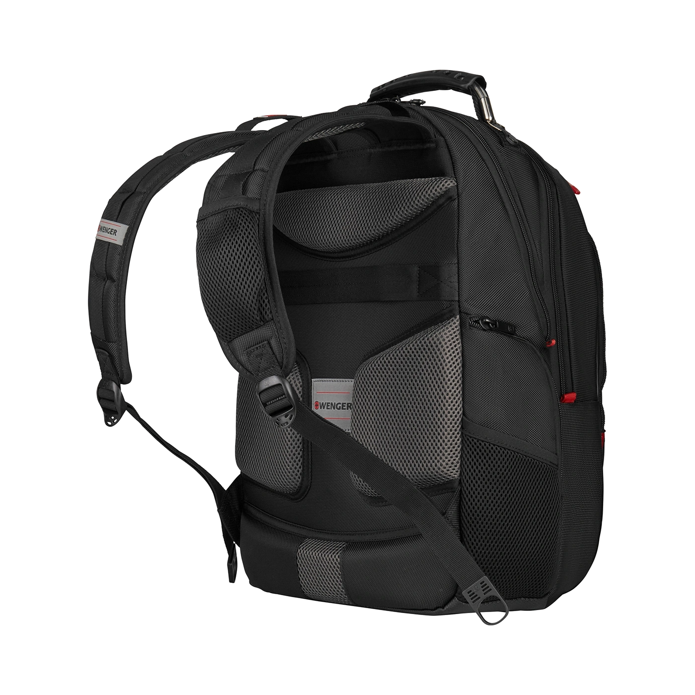 Black backpack with mesh details and Wenger logo, isolated on black background.