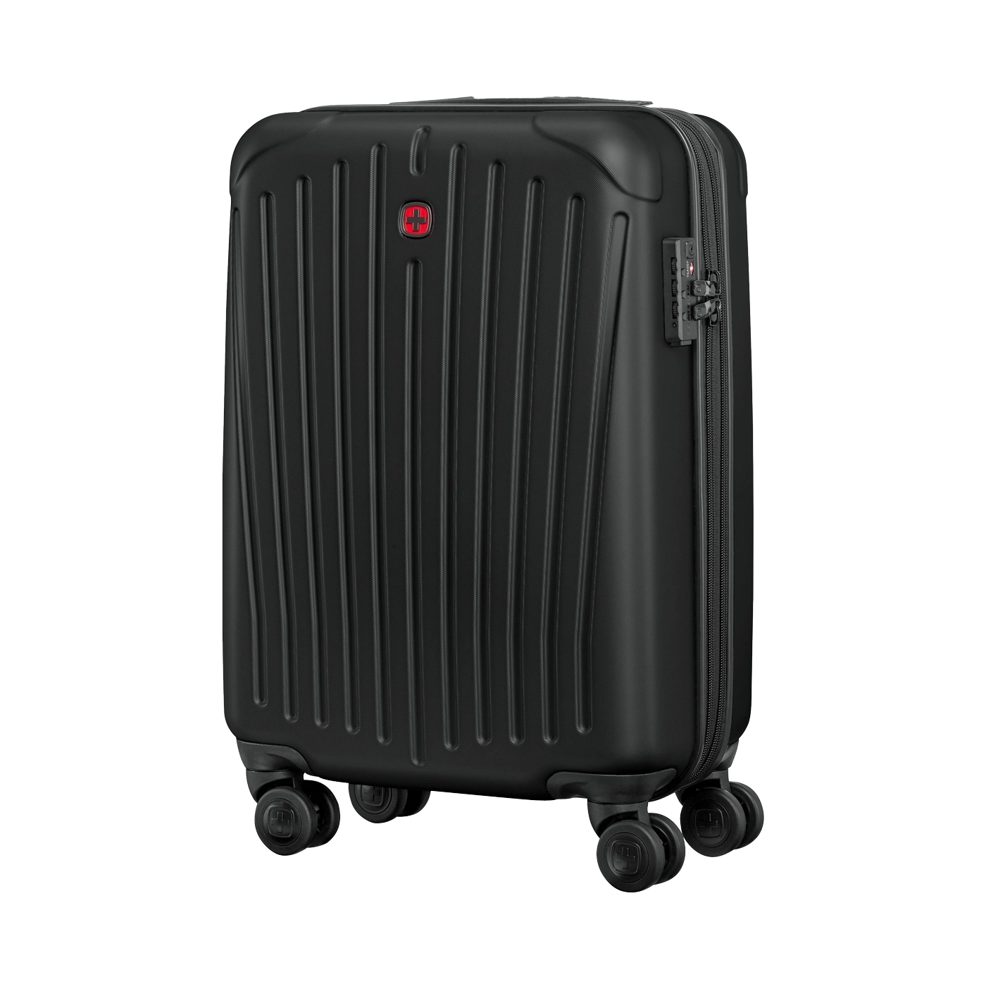 Black suitcase with wheels and lock isolated on white background, travel luggage