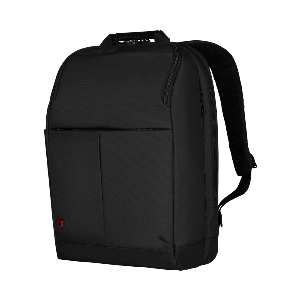 Black backpack with red logo on a black background