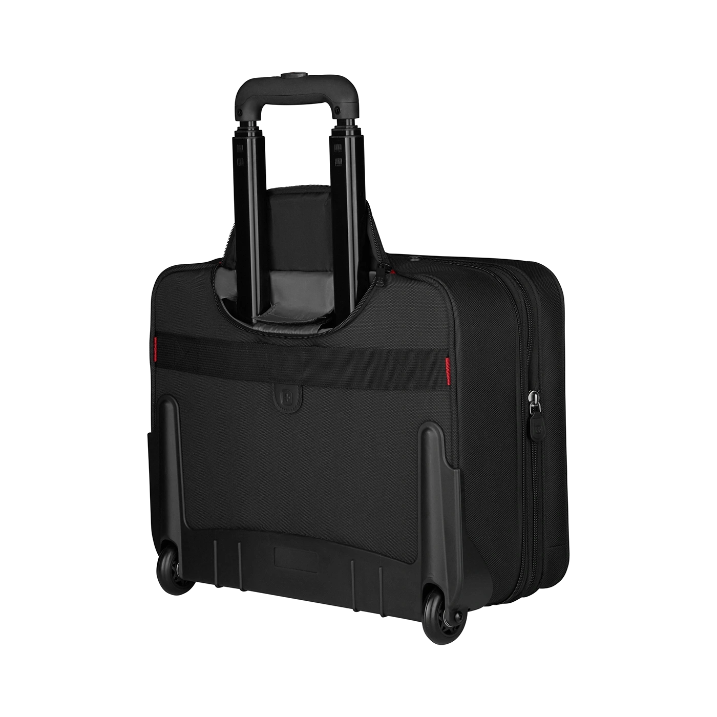 Black suitcase with wheels and retractable handle on a black background.