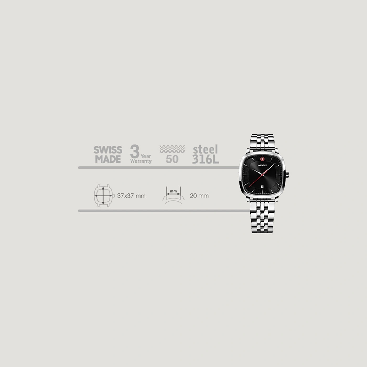 Wenger watch, Swiss Made, steel, 37x37mm, 20mm strap, 3 year warranty.