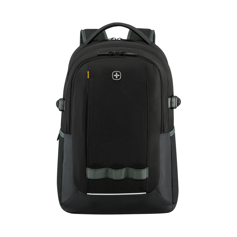 Black backpack with gray details and a white stripe, ideal for everyday use and travel.
