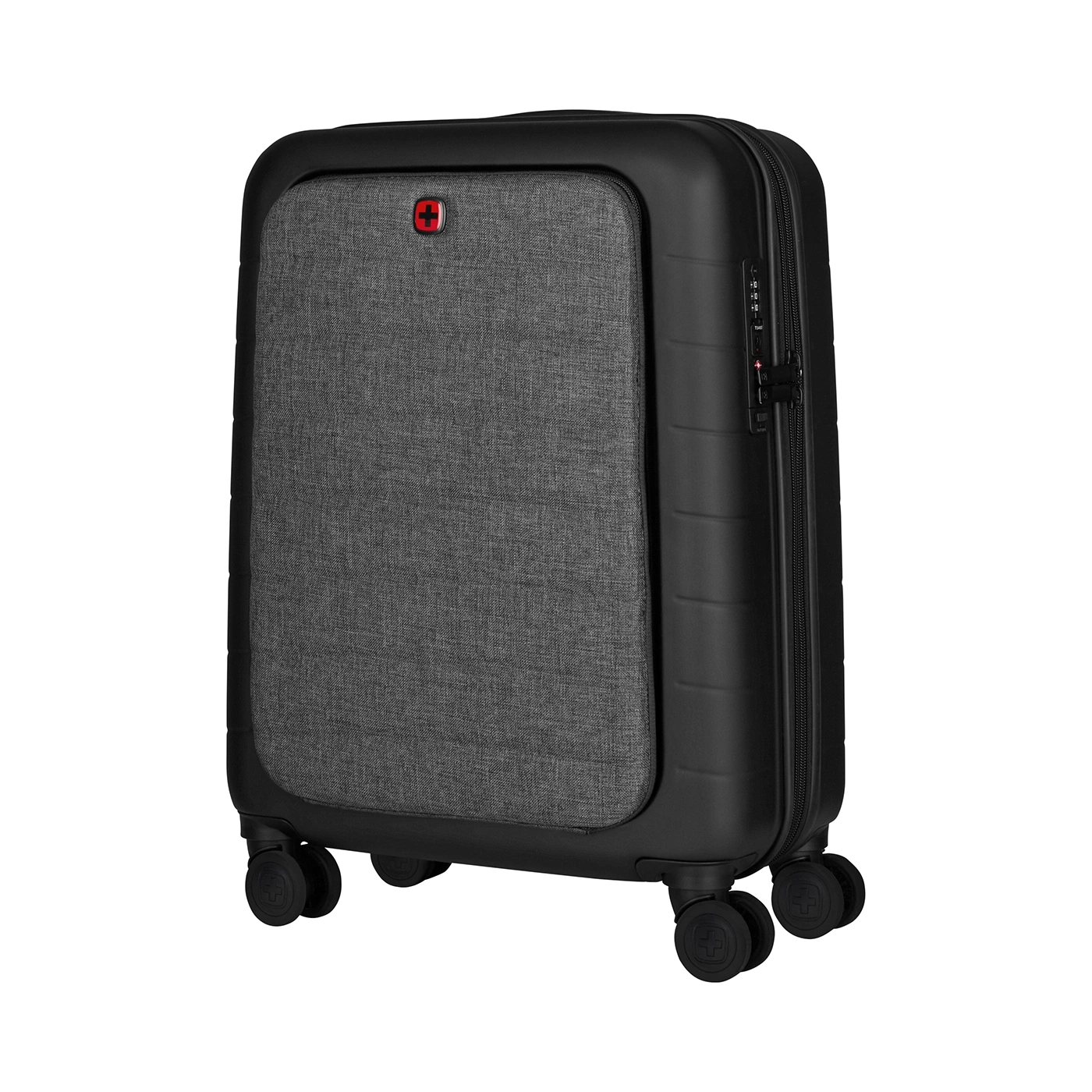 Black suitcase with gray fabric front and red logo on a black background.