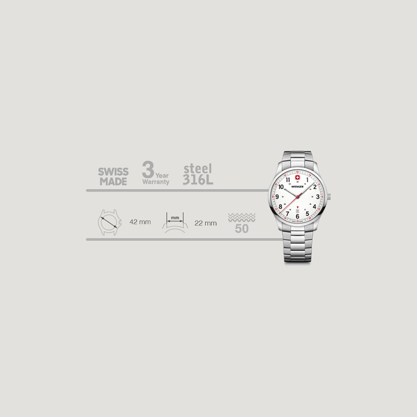 Wenger watch, Swiss Made, 3 year warranty, steel 316L, 42mm, 22mm, 50