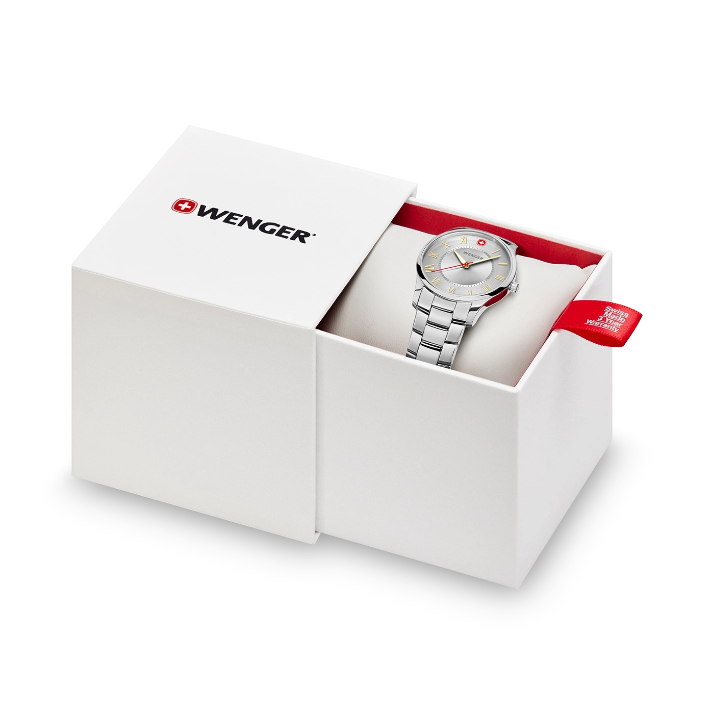 Wenger watch in a white box with red lining and a warranty tag