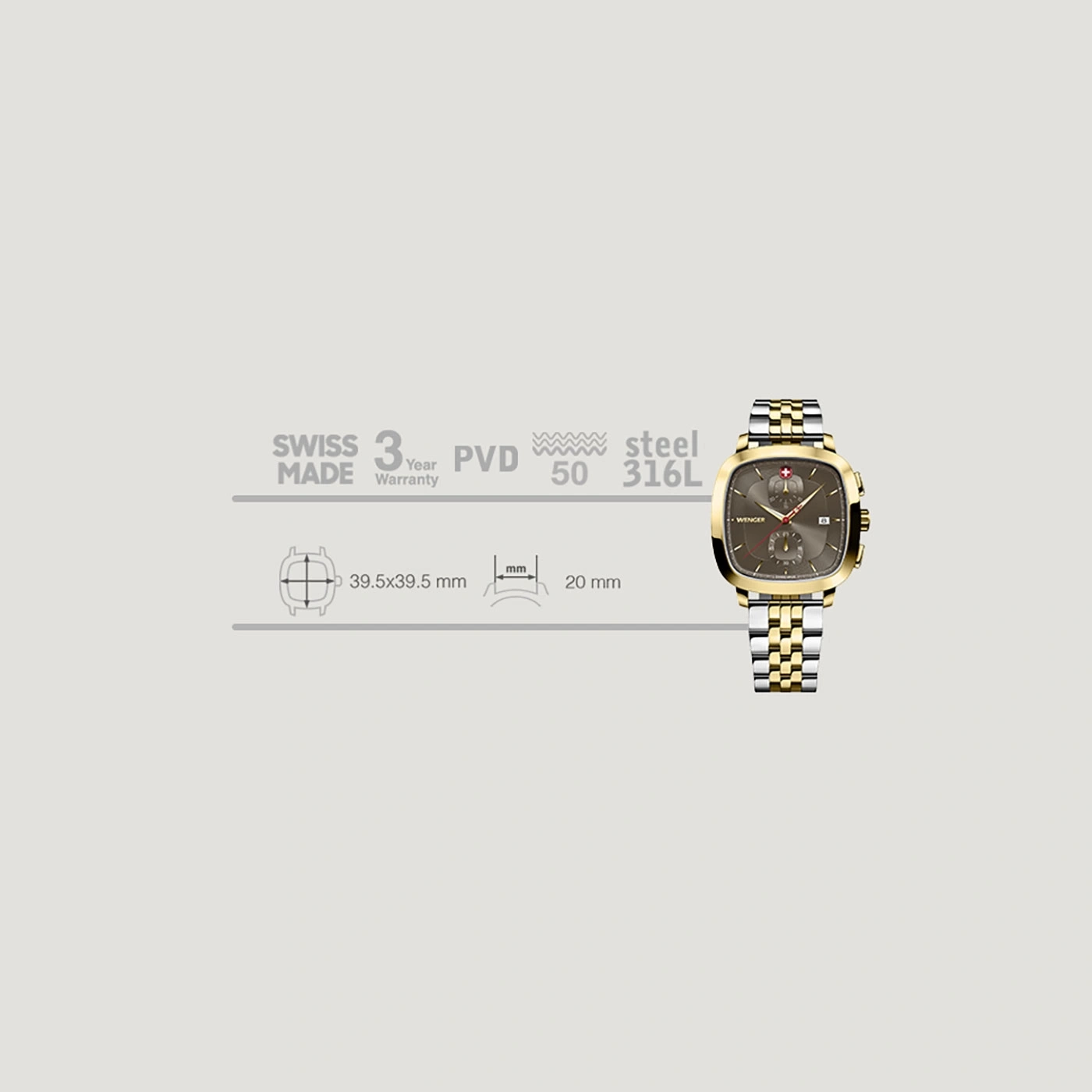 Wenger watch, Swiss Made, 3 year warranty, PVD, steel, 39.5x39.5mm, 20mm