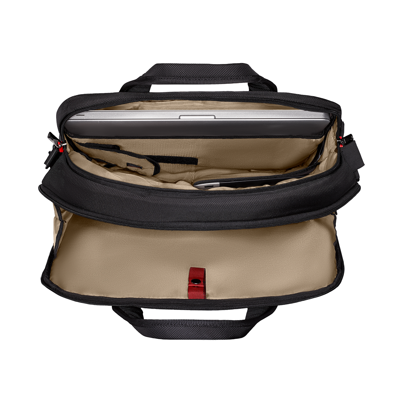 Black laptop bag, open, with laptop and accessories, inside view, close-up