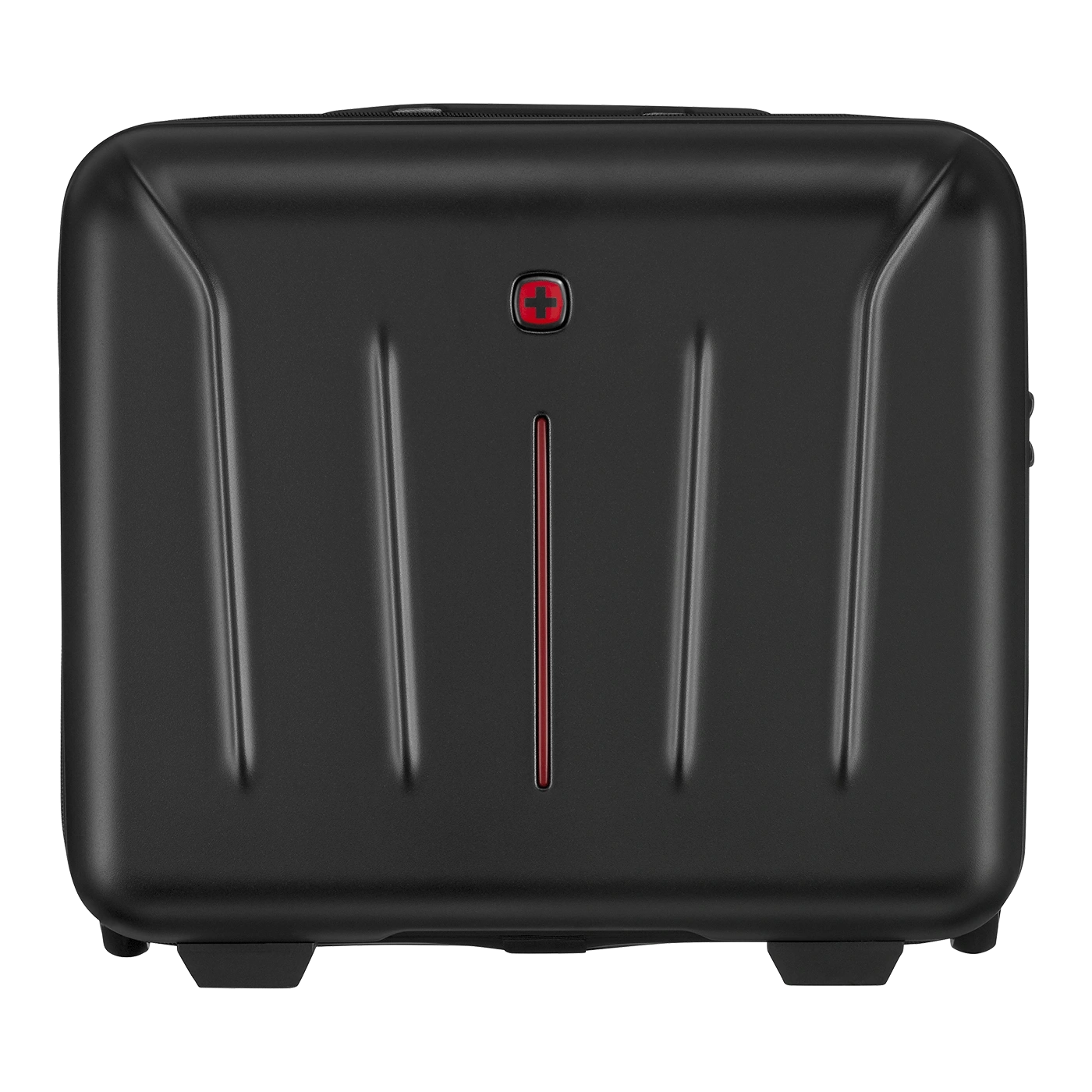 Black suitcase with red stripe and Swiss cross logo.