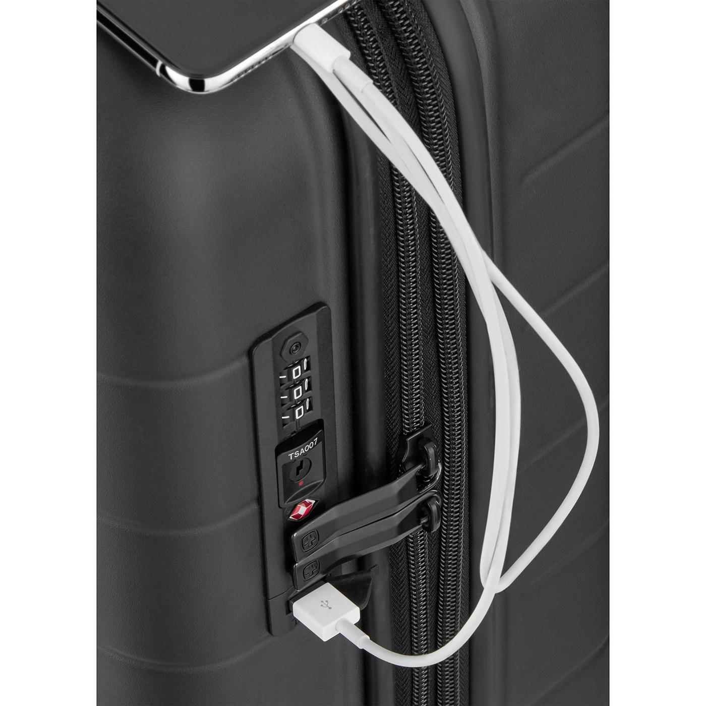 Black suitcase with USB port and combination lock, cable to phone