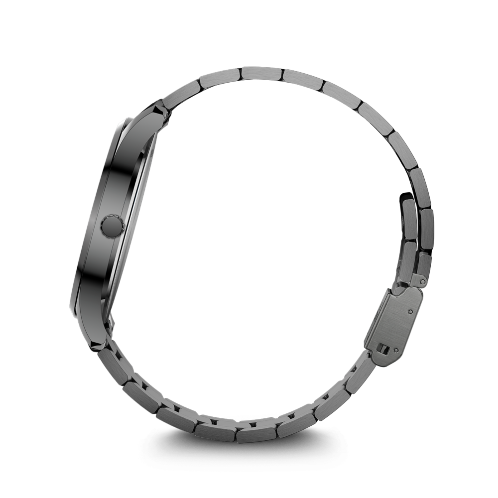 A close-up of a silver watch with a band on a white background.