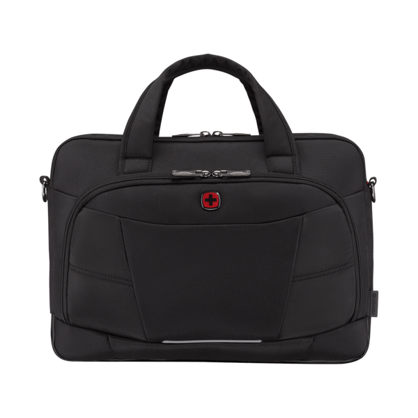 Black laptop bag with handle and red logo, perfect for carrying devices and essentials.