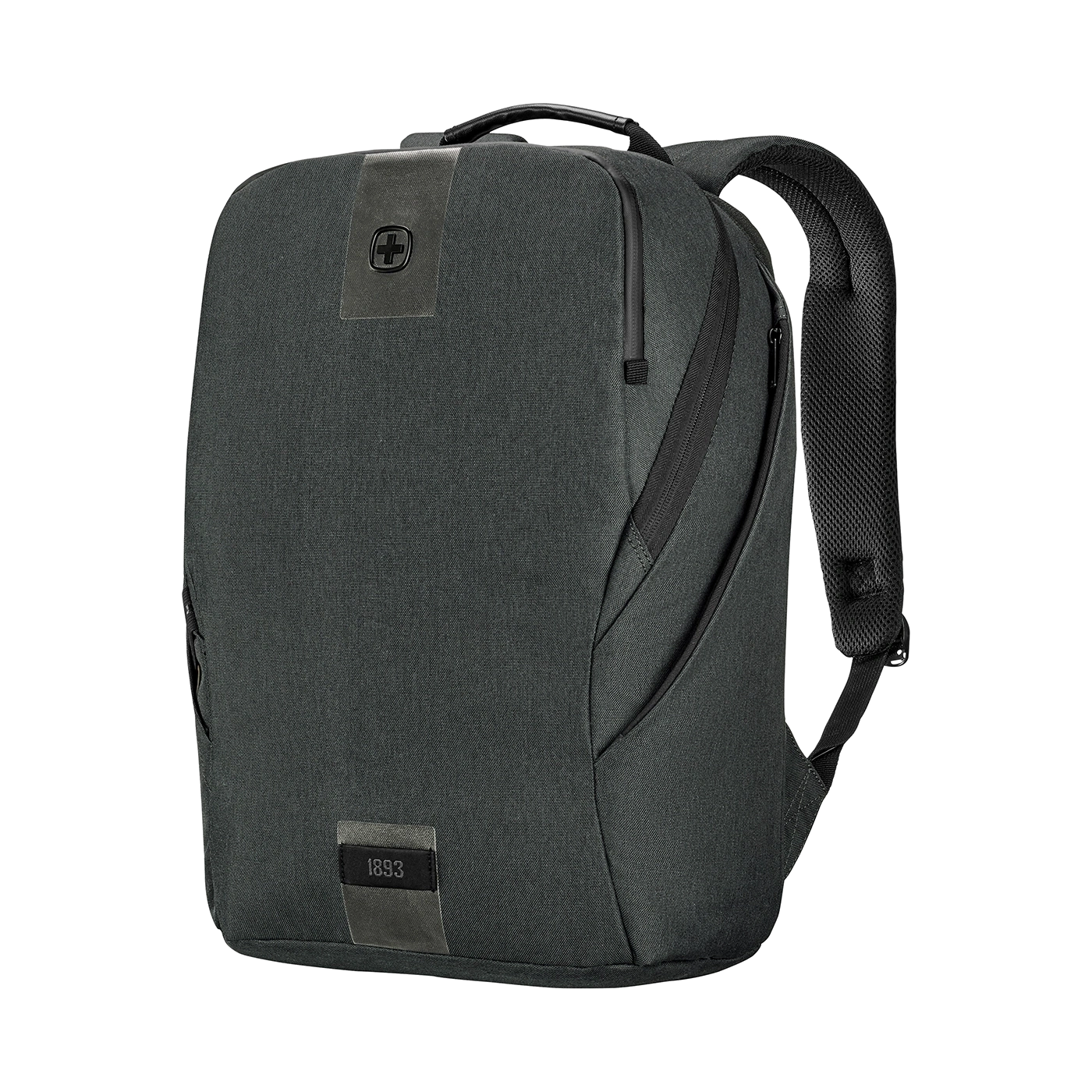 Dark gray backpack with black handle and zipper, 1893, Swiss cross logo