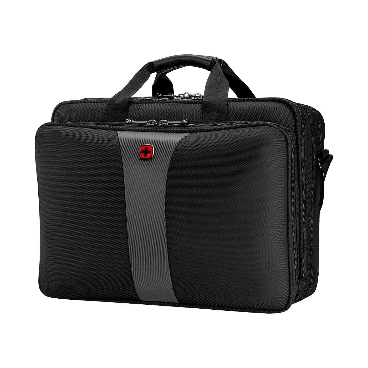 Black briefcase with red cross logo, zippers, and handle, business bag