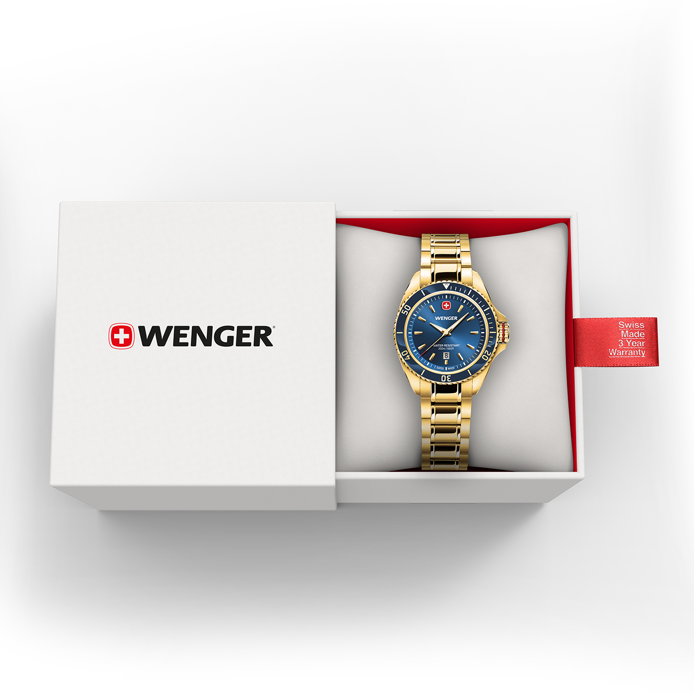 A gold Wenger watch in a white box with a warranty tag.